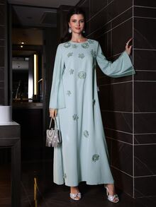 Yasmyna Women's Elegant Romantic Floral Print Flared Long Sleeve Maxi Cardigan - Green - View 7