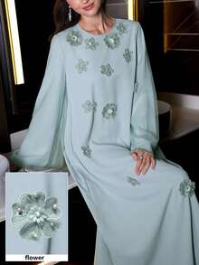 Yasmyna Women's Elegant Romantic Floral Print Flared Long Sleeve Maxi Cardigan - Green - View 3