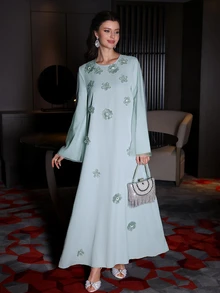 Yasmyna Women's Elegant Romantic Floral Print Flared Long Sleeve Maxi Cardigan - Green - View 8