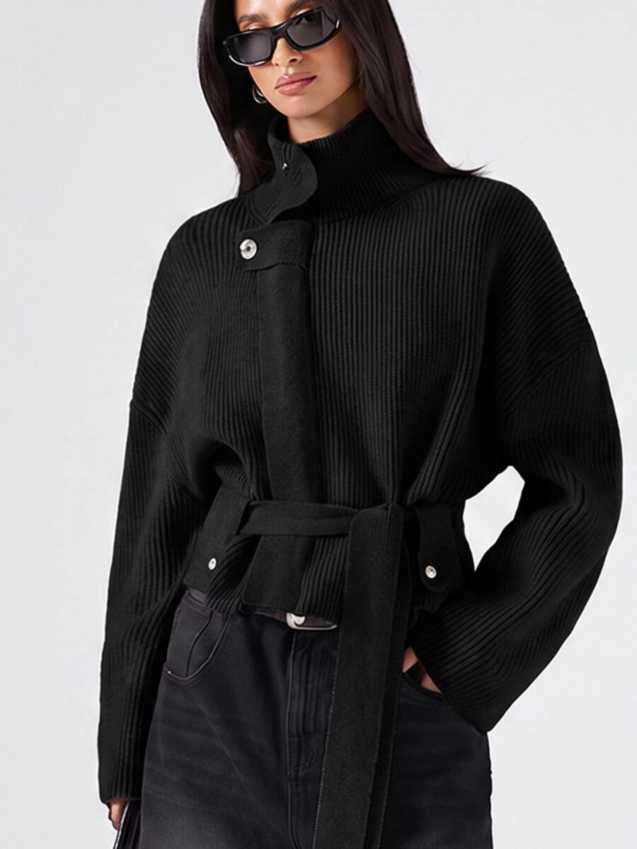 LYSMO Women's Solid Color Drop Shoulder Long Sleeve Waist Tie Knit Cardigan Office Black Fall Modest Chic Elegant - Black - View 1