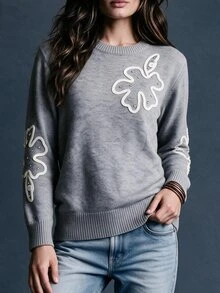 SHEIN Autumn/Winter Grey Personalized Floral Knit Pullover Sweater, Loose Round Neck Long Sleeve Sweater - Grey - View 5