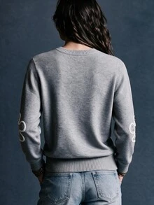 SHEIN Autumn/Winter Grey Personalized Floral Knit Pullover Sweater, Loose Round Neck Long Sleeve Sweater - Grey - View 2