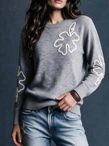 SHEIN Autumn/Winter Grey Personalized Floral Knit Pullover Sweater, Loose Round Neck Long Sleeve Sweater - Grey - View 6