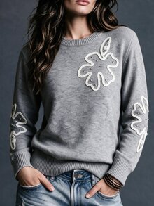 SHEIN Autumn/Winter Grey Personalized Floral Knit Pullover Sweater, Loose Round Neck Long Sleeve Sweater - Grey - View 1