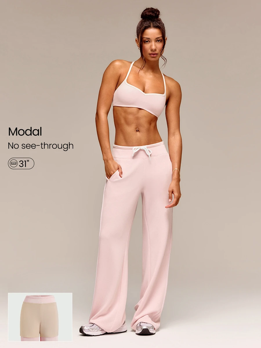 GLOWMODE SoftCalm Modal Line-Up Wide Leg Sweatpant SoftCalm Silky-Smooth Comfy Drawstring Waist Relaxed Fit With Side Pockets Autumn Winter Daily Wear - Pink - View 1