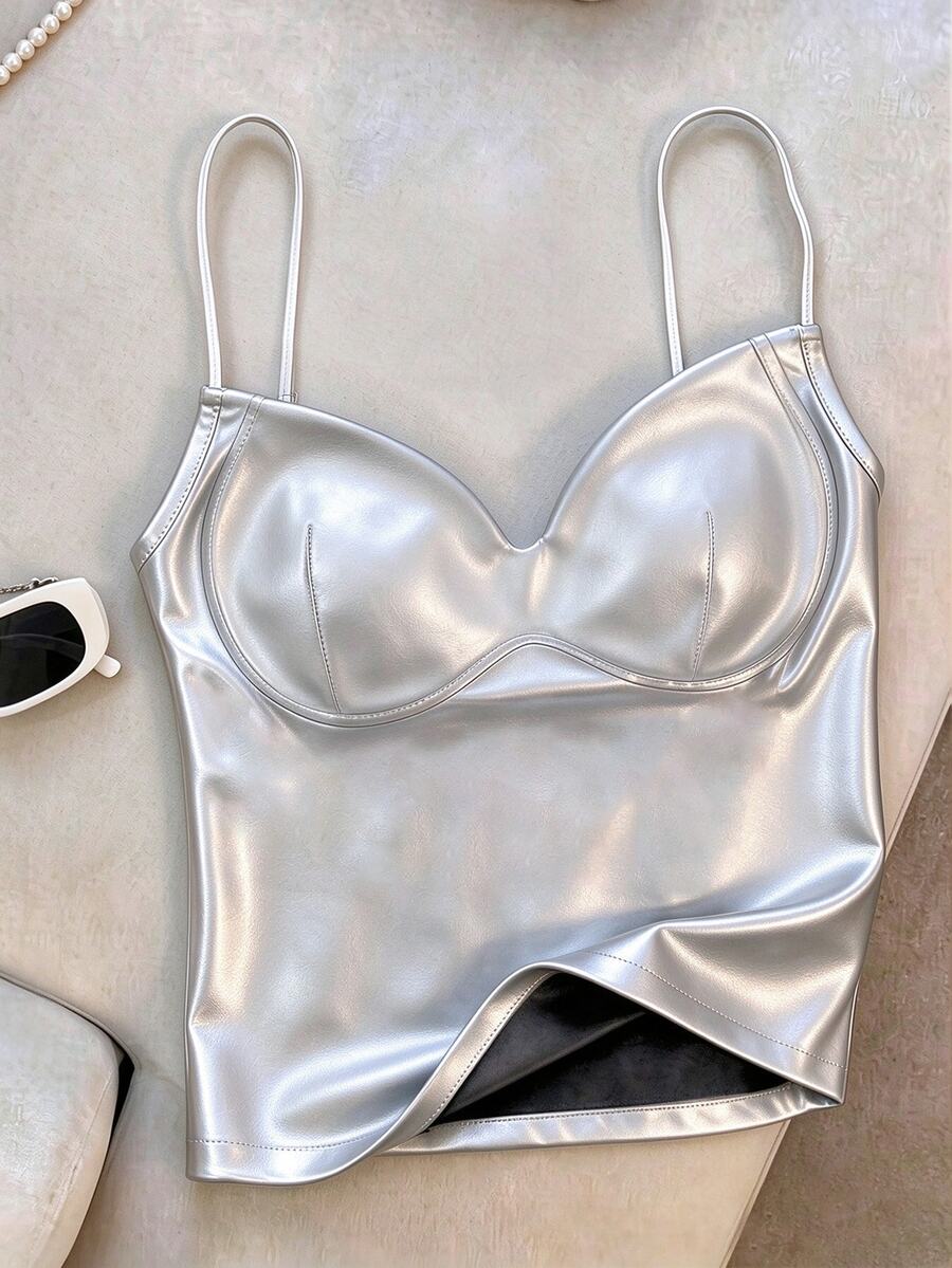 Resyla Women's Silver Fashion Fitted Camisole Tank Top For Streetwear Vacation, Sold Individually - Silver - View 1
