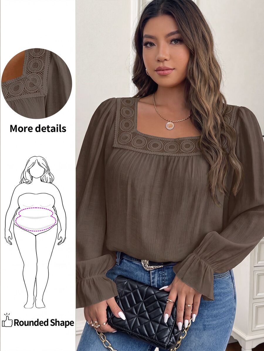 SHEIN CURVE+ Plus Size Women's Casual Daily Commute Solid Color Square Neck Ruffle Sleeve Contrast Lace Loose Blouse, Spring/Autumn - Coffee Brown - View 1
