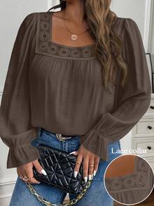 SHEIN CURVE+ Plus Size Women's Casual Daily Commute Solid Color Square Neck Ruffle Sleeve Contrast Lace Loose Blouse, Spring/Autumn - Coffee Brown - View 3