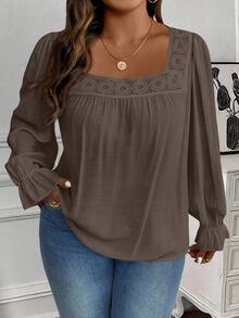 SHEIN CURVE+ Plus Size Women's Casual Daily Commute Solid Color Square Neck Ruffle Sleeve Contrast Lace Loose Blouse, Spring/Autumn - Coffee Brown - View 7