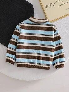 SHEIN 女童柔軟蓬鬆條紋抓絨夾克，保暖毛絨拉鍊立領外套，聖誕日常外穿，附女童字母貼布繡與側口袋 - 卡其色 - 查看 2