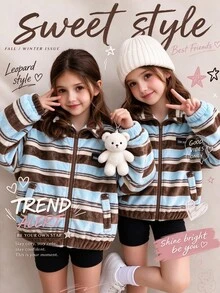 SHEIN 女童柔軟蓬鬆條紋抓絨夾克，保暖毛絨拉鍊立領外套，聖誕日常外穿，附女童字母貼布繡與側口袋 - 卡其色 - 查看 1