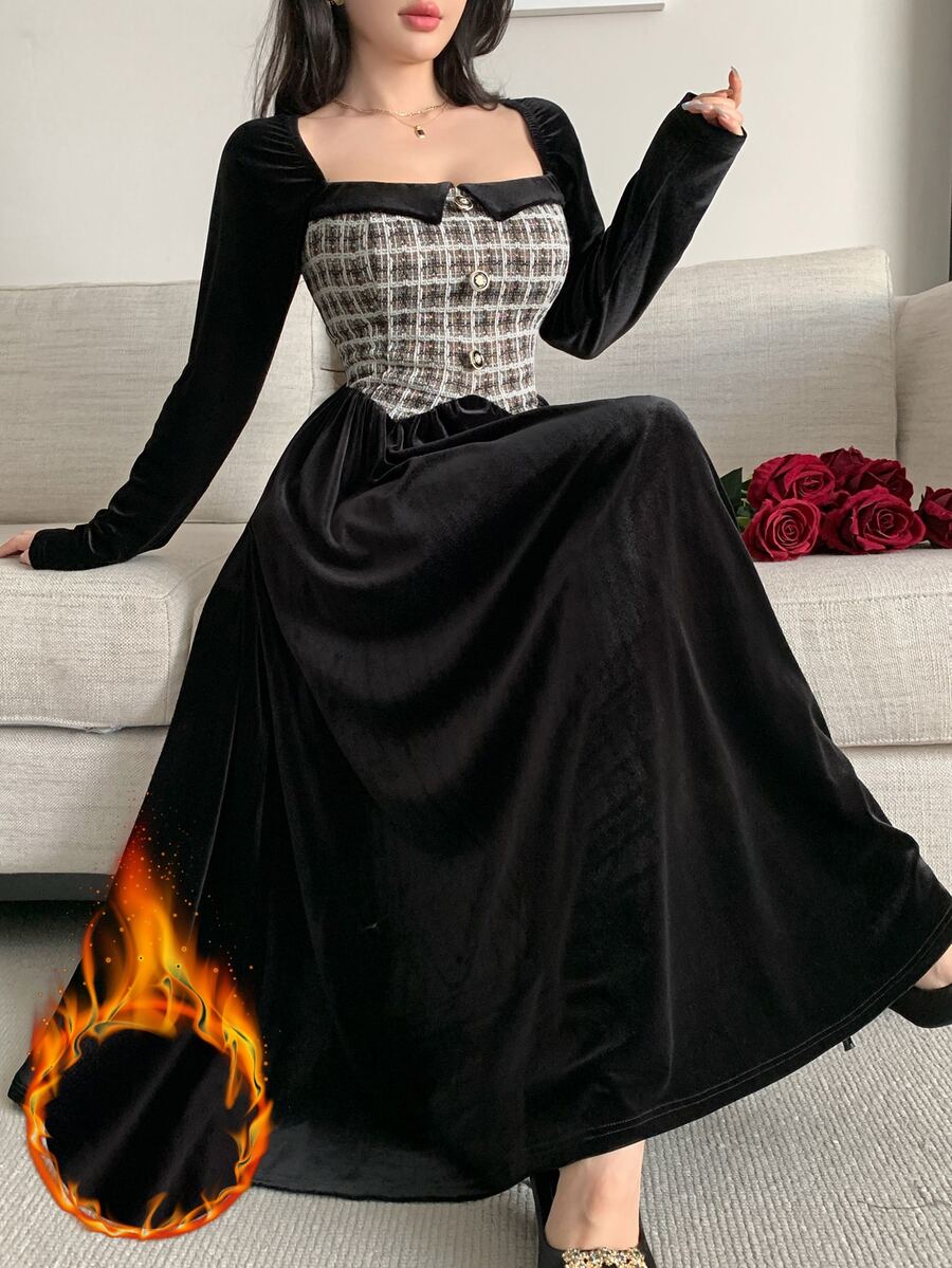 Feyla French Style Cinched Waist Long Sleeve A-Line Velvet Dress