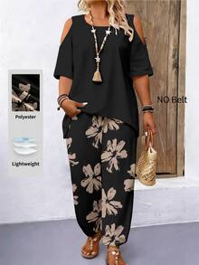 EMERY ROSE 2pcs Plus Size Off Shoulder Short Sleeve Top And Casual Loose Comfortable Pants Set, Plus Size Printed Outfit - Multicolor - View 4