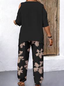 EMERY ROSE 2pcs Plus Size Off Shoulder Short Sleeve Top And Casual Loose Comfortable Pants Set, Plus Size Printed Outfit - Multicolor - View 2