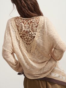 Bohemela Women's French Fashion Lace Patchwork Long Sleeve T-Shirt - Apricot - View 1