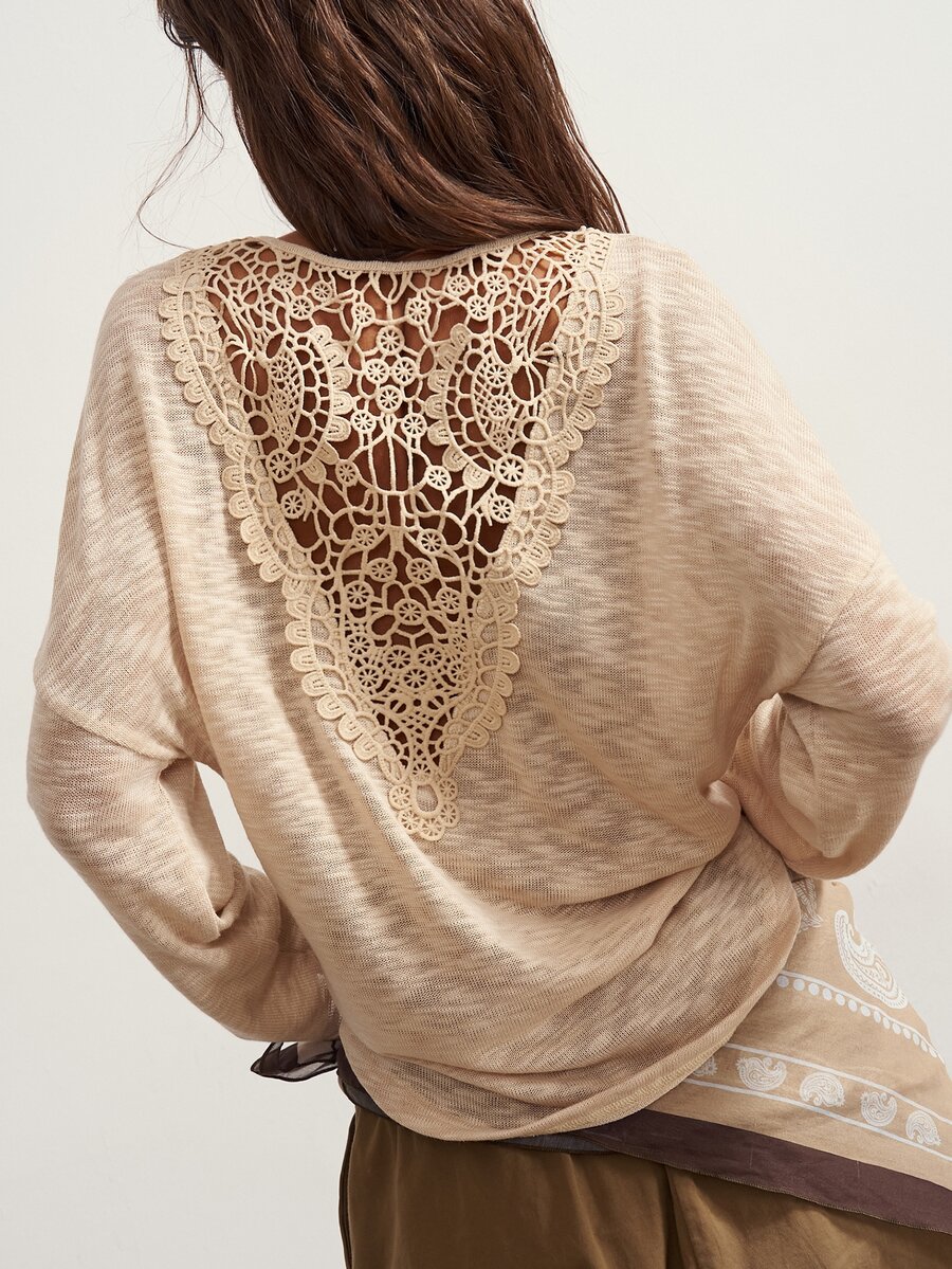 Bohemela Women's French Fashion Lace Patchwork Long Sleeve T-Shirt - Apricot - View 1