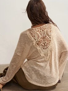 Bohemela Women's French Fashion Lace Patchwork Long Sleeve T-Shirt - Apricot - View 5