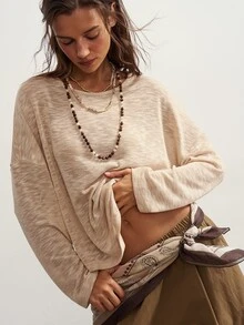 Bohemela Women's French Fashion Lace Patchwork Long Sleeve T-Shirt - Apricot - View 3