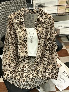 Resyla Plus Size Women's Leopard Print Casual Versatile Daily Wear Shirt - Multicolor - View 1