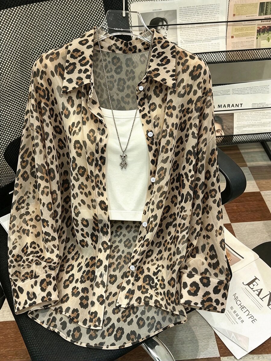 Resyla Plus Size Women's Leopard Print Casual Versatile Daily Wear Shirt - Multicolor - View 1