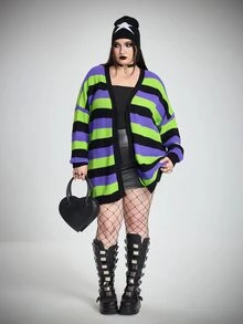 SHEIN CURVE+ Plus Size Gothic Punk Halloween Multi-Color Striped Wool Sweater Cardigan, Women's Autumn/Winter Knitwear - Multicolor - View 7
