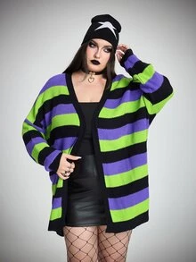 SHEIN CURVE+ Plus Size Gothic Punk Halloween Multi-Color Striped Wool Sweater Cardigan, Women's Autumn/Winter Knitwear - Multicolor - View 3