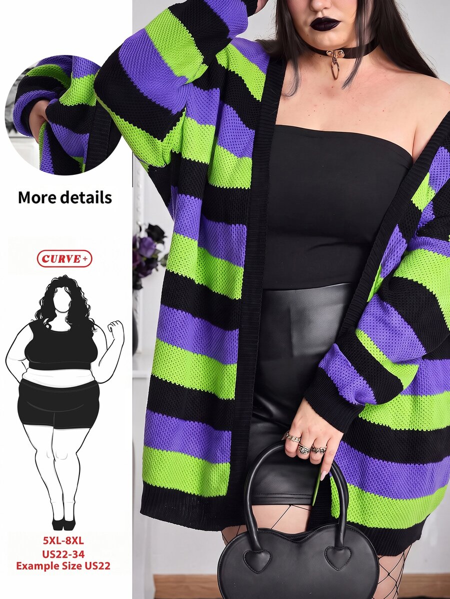 SHEIN CURVE+ Plus Size Gothic Punk Halloween Multi-Color Striped Wool Sweater Cardigan, Women's Autumn/Winter Knitwear - Multicolor - View 1
