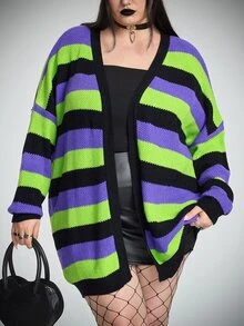 SHEIN CURVE+ Plus Size Gothic Punk Halloween Multi-Color Striped Wool Sweater Cardigan, Women's Autumn/Winter Knitwear - Multicolor - View 5