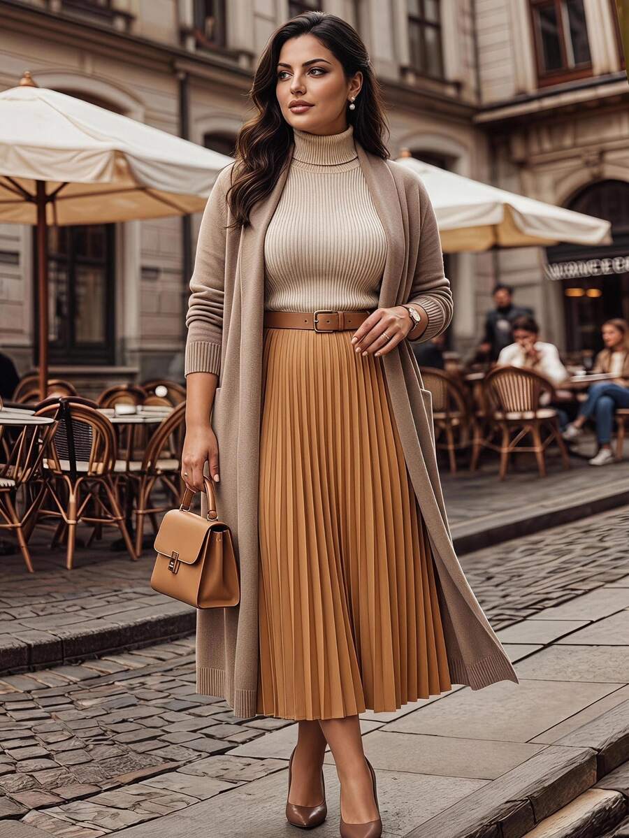 Velvienne Plus Size Women Casual Loose Fit Mid-Length Cardigan Knit Top, Suitable For Outings, Vacation, Music Festivals, Beach, Spring/Summer Winter - Khaki - View 1