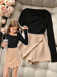 SHEIN 2 Pieces Set Teenagers Asymmetrical Cold Shoulder Long Sleeved Top Front Slit High Waisted Skirt Black White Fall Casual Cute Holiday Sixth Form - Black - View 4
