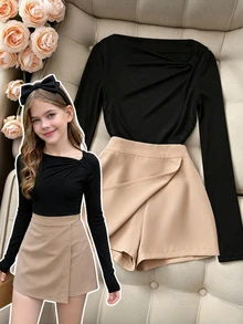 SHEIN 2 Pieces Set Teenagers Asymmetrical Cold Shoulder Long Sleeved Top Front Slit High Waisted Skirt Black White Fall Casual Cute Holiday Sixth Form - Black - View 5