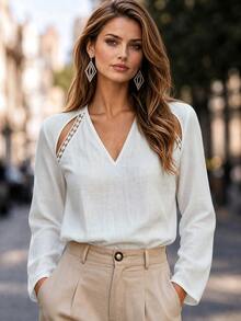 Bytebia Bytebia Women's Solid Color Cutout Design V-Neck Long Sleeve Blouse - White - View 1