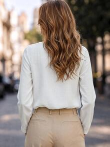 Bytebia Bytebia Women's Solid Color Cutout Design V-Neck Long Sleeve Blouse - White - View 2