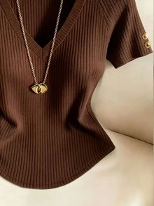 Franclia Kaos Lengan Pendek Wanita Kasual Musim Panas Serbaguna Warna Polos - Coklat - View 4