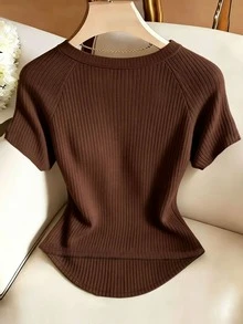 Franclia Kaos Lengan Pendek Wanita Kasual Musim Panas Serbaguna Warna Polos - Coklat - View 2