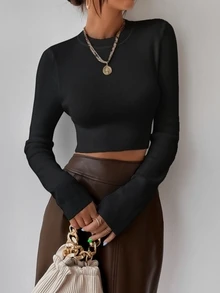 SHEIN Franclia Solid Ribbed Knit Crop Jumper - Black - View 6