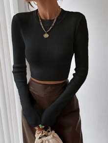 SHEIN Franclia Solid Ribbed Knit Crop Jumper - Black - View 4