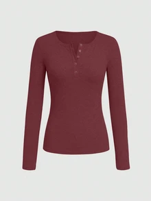 SHEIN Women's Slim Fit Long Sleeve Button-Up T-Shirt Everyday Daily Wear Burgundy Autumn Casual - Watermelon Pink - View 5