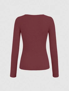 SHEIN Women's Slim Fit Long Sleeve Button-Up T-Shirt Everyday Daily Wear Burgundy Autumn Casual - Watermelon Pink - View 2