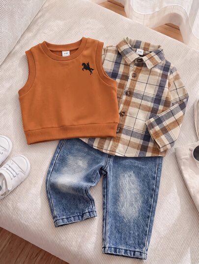 SHEIN 3 חלקים חולצת גופייה לילד ג'ינס סגנון פרפי הדפס סוס ג'ינג'ר משבצות מרופט ללא שרוולים שרוול ארוך צווארון רגיל צווארון עגול גזרה רגילה יום הולדת סתיו חום