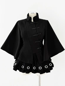 Sunspun Plus Size Women Solid Color Elegant Cheongsam Button Decor Shirt Fall - Black - View 5