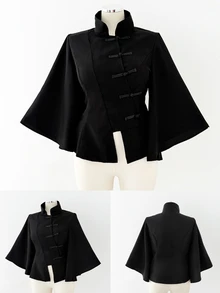 Sunspun Plus Size Women Solid Color Elegant Cheongsam Button Decor Shirt Fall - Black - View 4