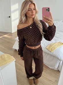 CovetEZ Women Polka Dot Pattern Asymmetric Shoulder Long Sleeve Sweatshirt & Drawstring Waist Pants Two Pieces Set - Brown - View 8