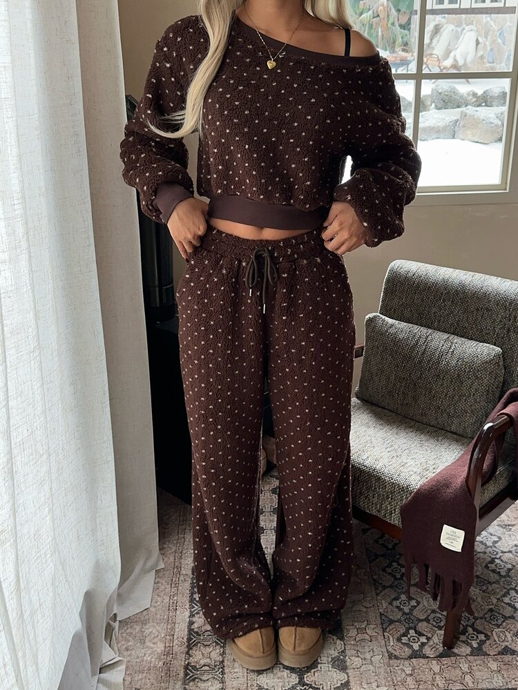 CovetEZ Women Polka Dot Pattern Asymmetric Shoulder Long Sleeve Sweatshirt & Drawstring Waist Pants Two Pieces Set - Brown - View 5