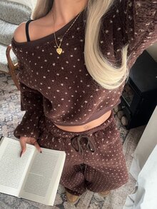 CovetEZ Women Polka Dot Pattern Asymmetric Shoulder Long Sleeve Sweatshirt & Drawstring Waist Pants Two Pieces Set - Brown - View 4