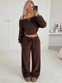 CovetEZ Women Polka Dot Pattern Asymmetric Shoulder Long Sleeve Sweatshirt & Drawstring Waist Pants Two Pieces Set - Brown - View 9