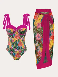SHEIN Swim 1 Set Tropical Print One-Piece Swimsuit, Beach Cover Up Skirt For Summer Beach Vacation - Multicolor - View 3