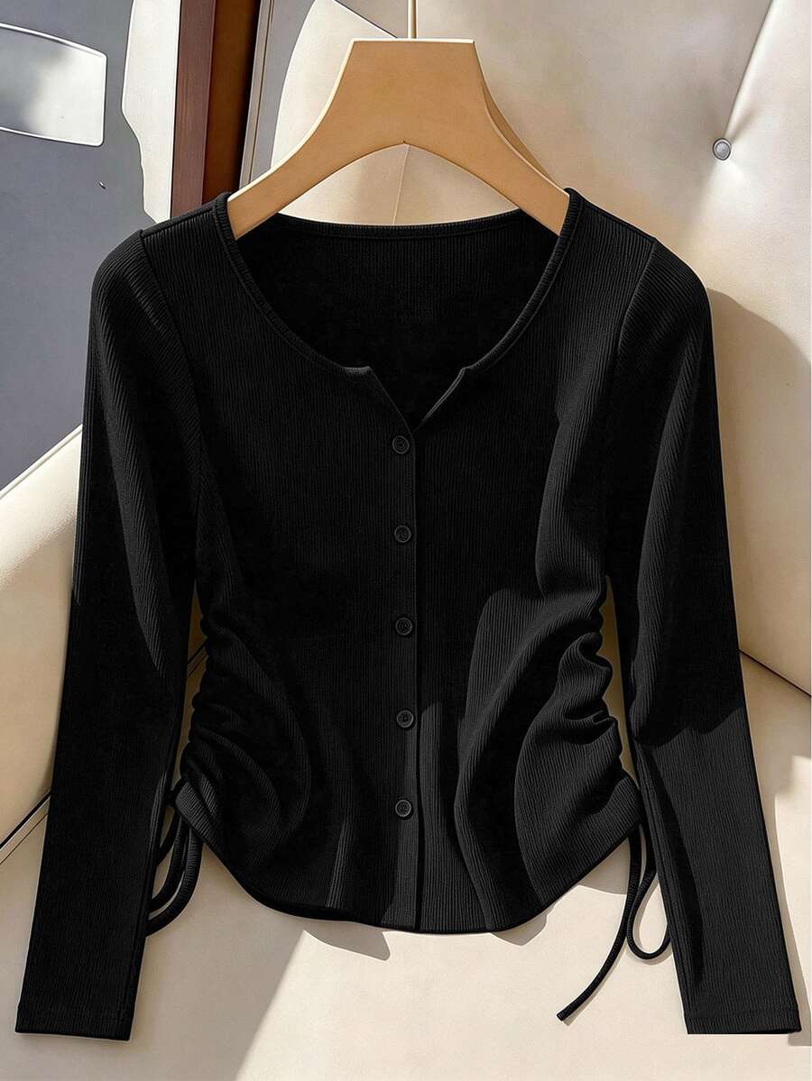 GlowEve CURVE Plus Size Elegant V-Neck Solid Color Ribbed Knit Long Sleeve T-Shirt, Slimming Waist Drawstring Single-Breasted Design, Suitable For Daily Commute, Versatile Party And Travel Outfit Top - Black - View 1