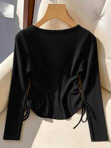 GlowEve CURVE Plus Size Elegant V-Neck Solid Color Ribbed Knit Long Sleeve T-Shirt, Slimming Waist Drawstring Single-Breasted Design, Suitable For Daily Commute, Versatile Party And Travel Outfit Top - Black - View 2