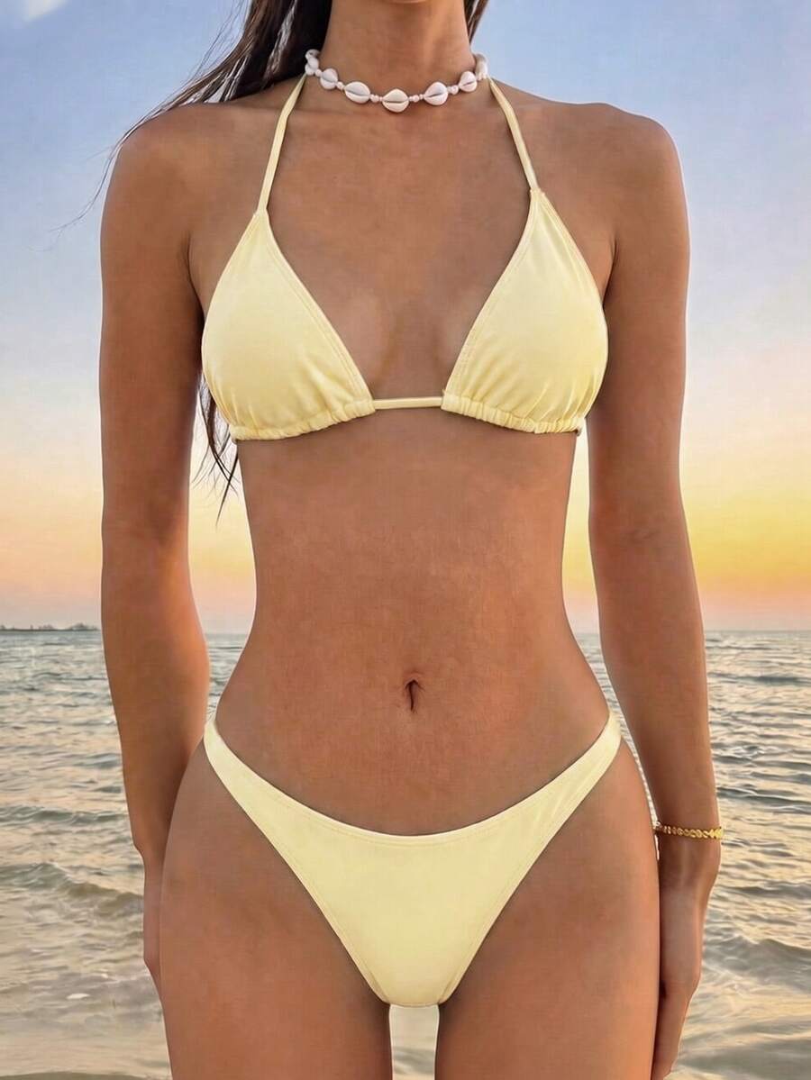 Swim Vcay Bộ bikini 2 mảnh nữ màu trơn nhún bèo, dây buộc cổ halter gợi cảm, đồ bơi đi du lịch - Màu vàng - Xem 1
